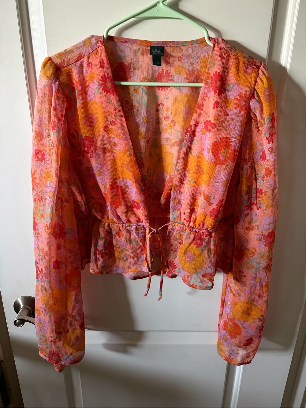wild fable Pink & Orange Floral Tie-Front Sheer Blouse